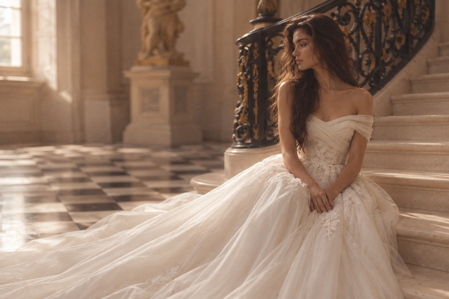 Bride seated on marble steps in a sunlit hall