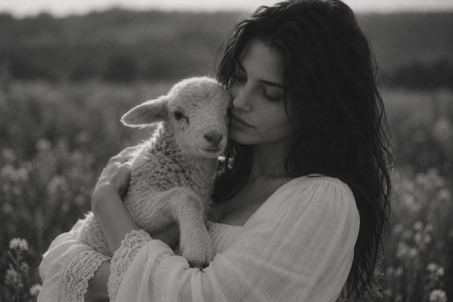 Black and white portrait of a woman holding a lamb in a field